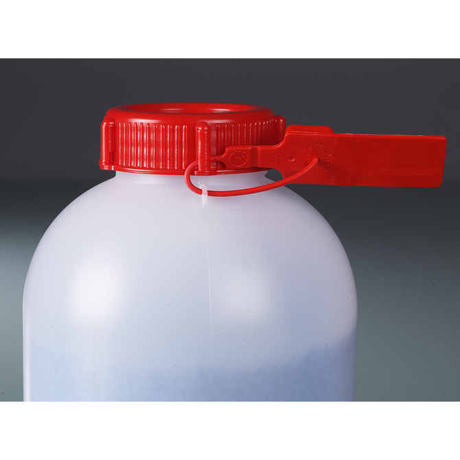 Bürkle sealable HDPE wide-neck sample bottles with security-seal eyelets