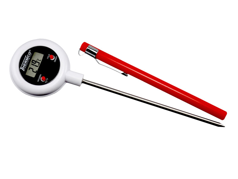 ACC400DIG digital stem thermometer with a stainless steel probe, showing temperature reading on screen.