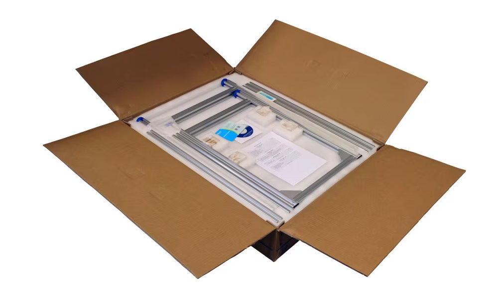 Anti-vibration table kit for analytical balances shown boxed with aluminum frame parts, foam inserts, and instructions – ready to ship from Canada