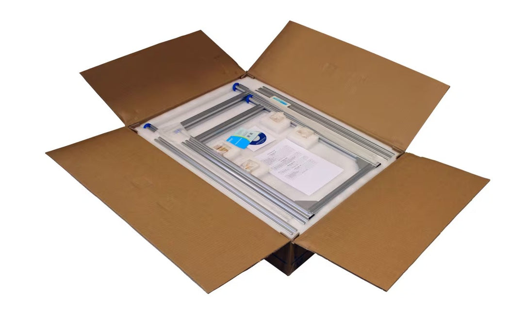 Anti-vibration table kit for analytical balances shown boxed with aluminum frame parts, foam inserts, and instructions – ready to ship from Canada