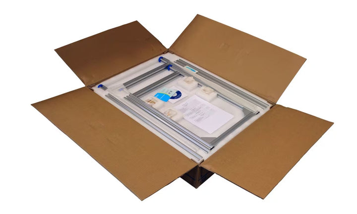 Anti-vibration table kit for analytical balances shown boxed with aluminum frame parts, foam inserts, and instructions – ready to ship from Canada