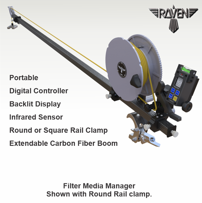 Raven Filter Media Manager portable backwash bed expansion gauge with digital controller and reel