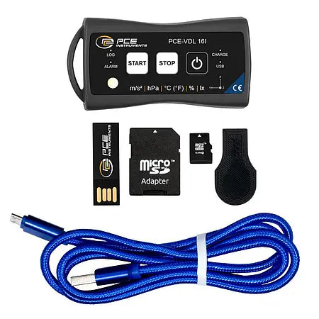 Vibration Data Logger, 3-Axis 800 Hz, Temp RH Pressure Light, SD, PCE-VDL 16I