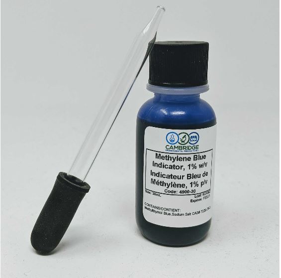 A bottle of Methylene Blue, 1% pH Indicator, 30mL - Chemical Reagent Non Regulated
