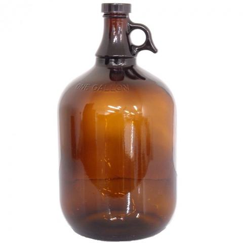 c. 1920's original dark amber colored american industrial oversized one  gallon glass laboratory screw top jug with integrated circular-shaped handle